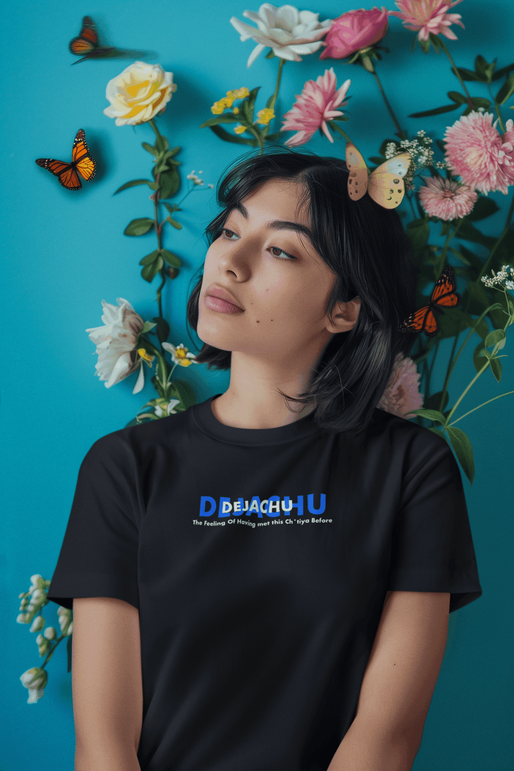 ai-generated-mockup-of-a-woman-wearing-a-t-shirt-in-front-of-a-wall-with-flowers-m40586 Dejachu T-shirt - Image 2